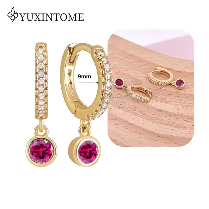 Rose Red Zircon Gold Earrings for women 925 Sterling Silver Ear Needle Geometric Pendant Hoop Earrings Fashion Wedding Jewelry