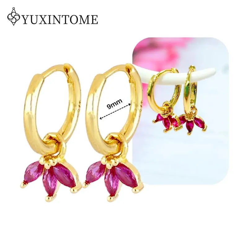 Rose Red Zircon Gold Earrings for women 925 Sterling Silver Ear Needle Geometric Pendant Hoop Earrings Fashion Wedding Jewelry