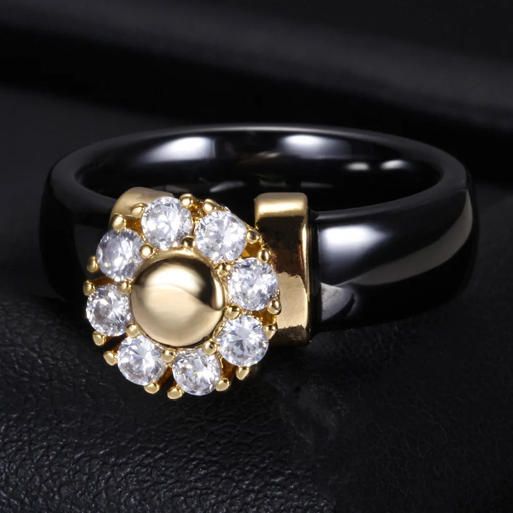 Luxury Sunflower Zircon Ceramic Ring For Women Girl Titanium Steel Metal Finger Jewelry Accessories Gift Black White Color