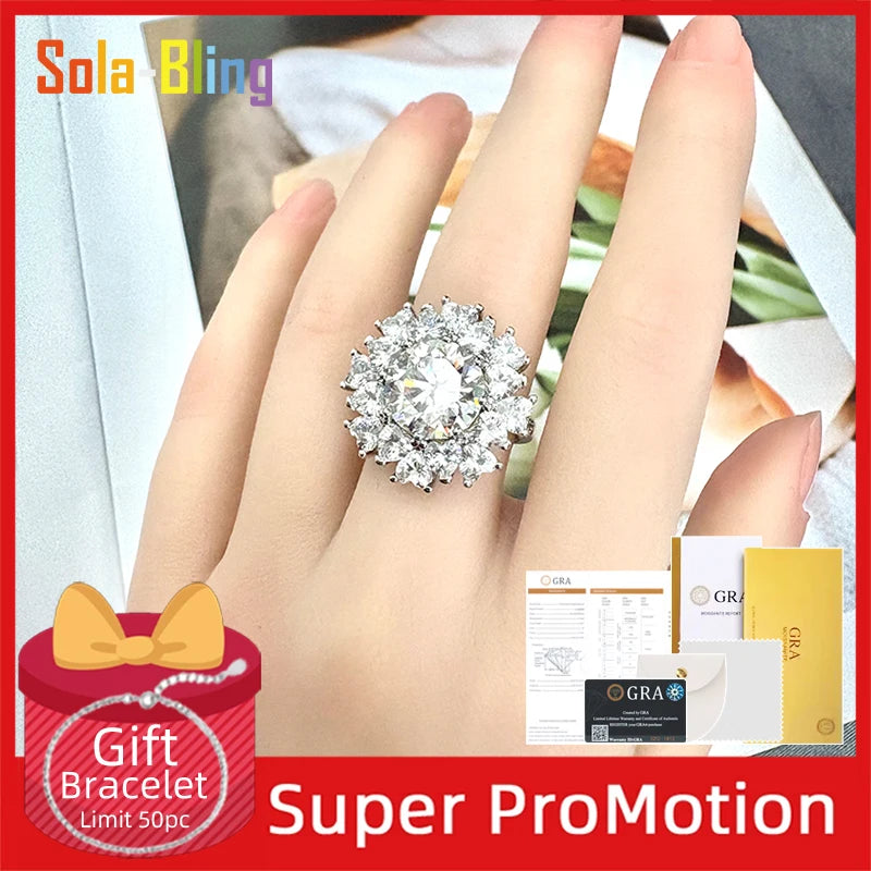 Sola-Bling 100% Pass Diamond Tester 5ct Moissanite Ring 925 Sterling Silver Rings for Women Fashion Elegant Gift Party Jewelry