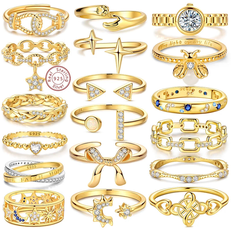 Ring 925 Sterling Silver Sparkling Gold Heart Star Moon Chain Ring For Women Man Girl Wedding Anniversary Part Ring Jewelry Gift