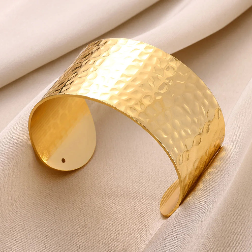 Stainless Steel Wide Bangles for Women Luxury Gold Color Chunky Flower Cuff Bangle Bracelet femme Vintage Wedding Jewelry Gifts