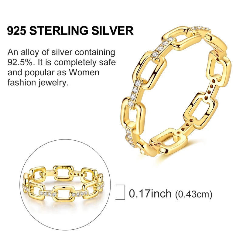 Ring 925 Sterling Silver Sparkling Gold Heart Star Moon Chain Ring For Women Man Girl Wedding Anniversary Part Ring Jewelry Gift