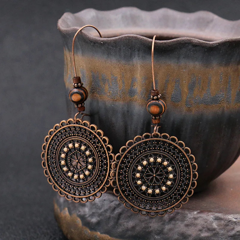Bohemian Orange Beaded Tassel Drop Earrings Ethnic Carved Alloy For Women Vintage Stone Boho Ladies Earrings