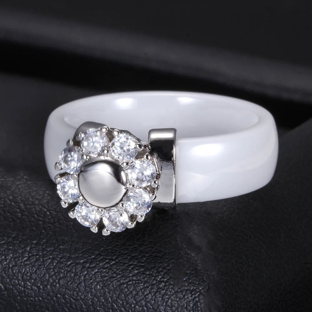 Luxury Sunflower Zircon Ceramic Ring For Women Girl Titanium Steel Metal Finger Jewelry Accessories Gift Black White Color