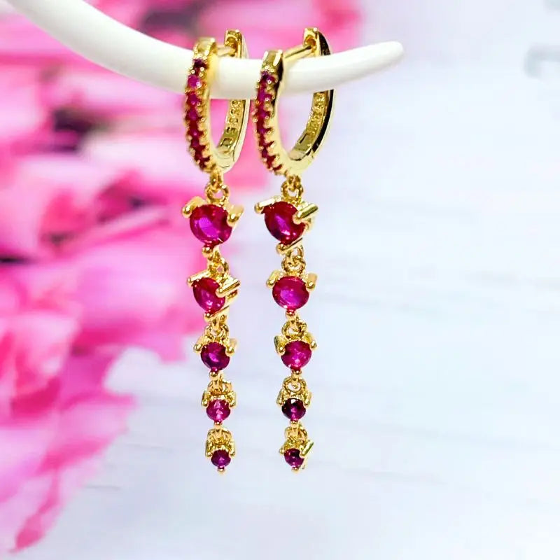 Rose Red Zircon Gold Earrings for women 925 Sterling Silver Ear Needle Geometric Pendant Hoop Earrings Fashion Wedding Jewelry