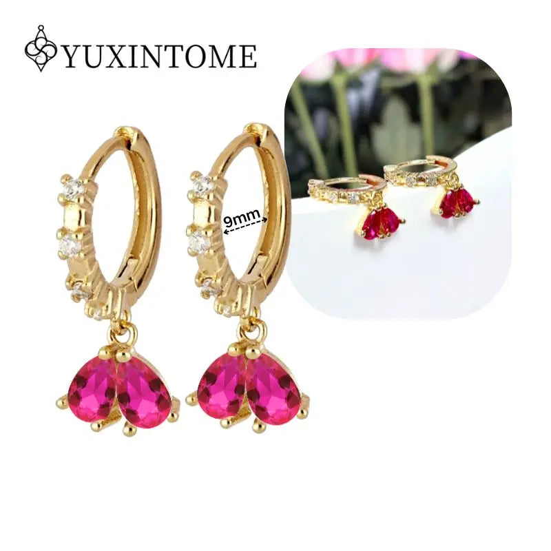 Rose Red Zircon Gold Earrings for women 925 Sterling Silver Ear Needle Geometric Pendant Hoop Earrings Fashion Wedding Jewelry