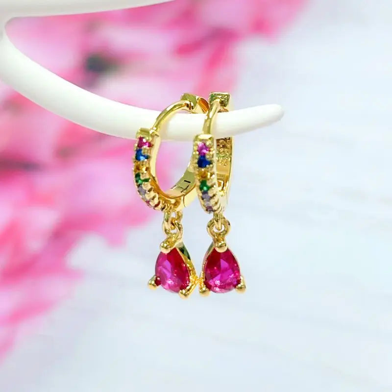 Rose Red Zircon Gold Earrings for women 925 Sterling Silver Ear Needle Geometric Pendant Hoop Earrings Fashion Wedding Jewelry
