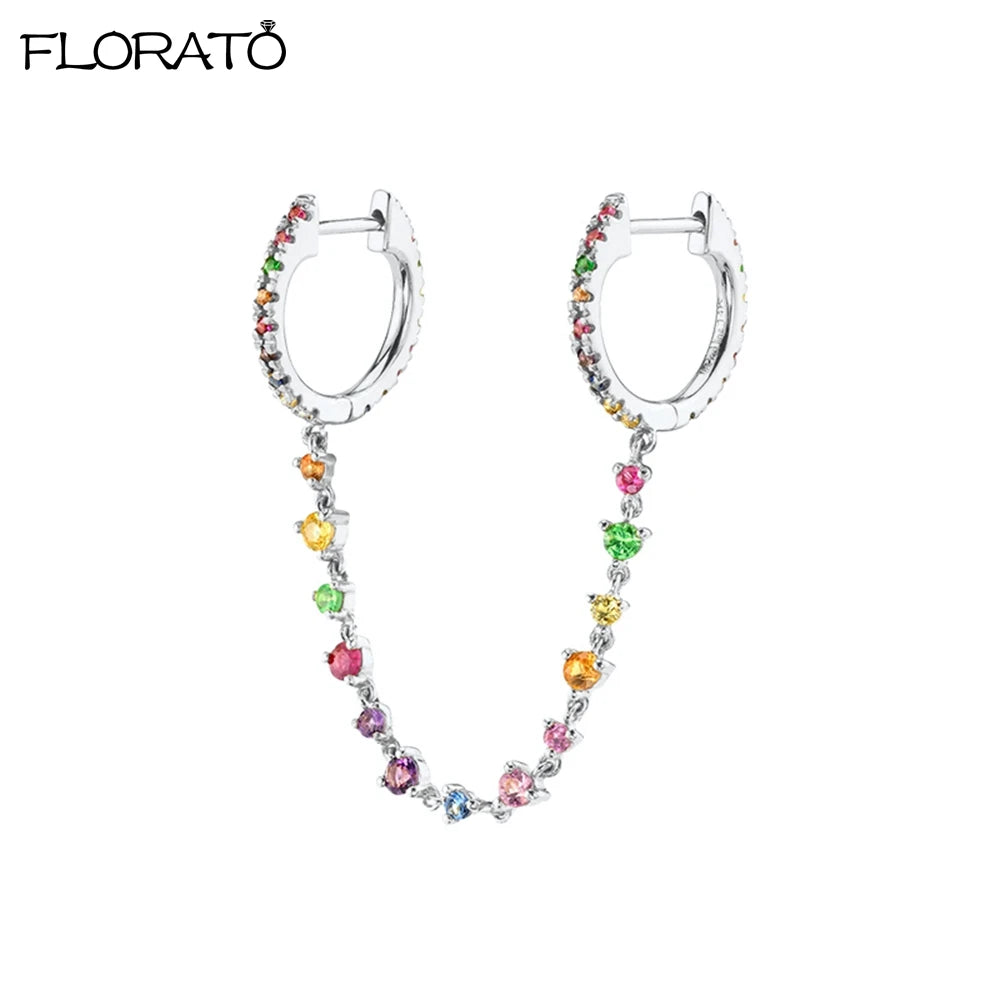 1PC 925 Silver Needle Colorful Crystal Chain Pendant Hoop Earrings For Women Two Hole Enamel Star Earrings Fashion Jewelry Gift