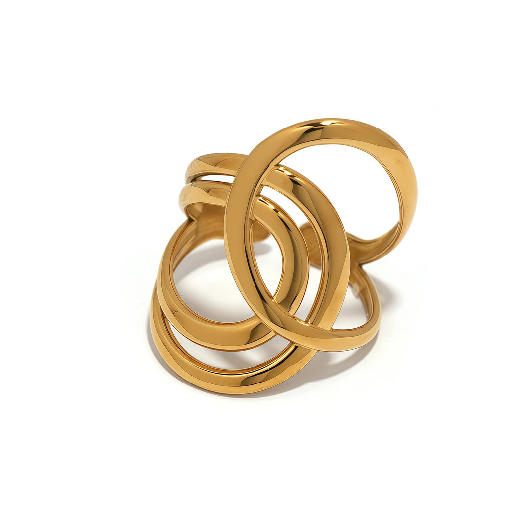 Stainless Steel Geometric Hollow Layered Wide Ring Metal Texture Waterproof Daily Simple Stylish Golden Jewelry for Women