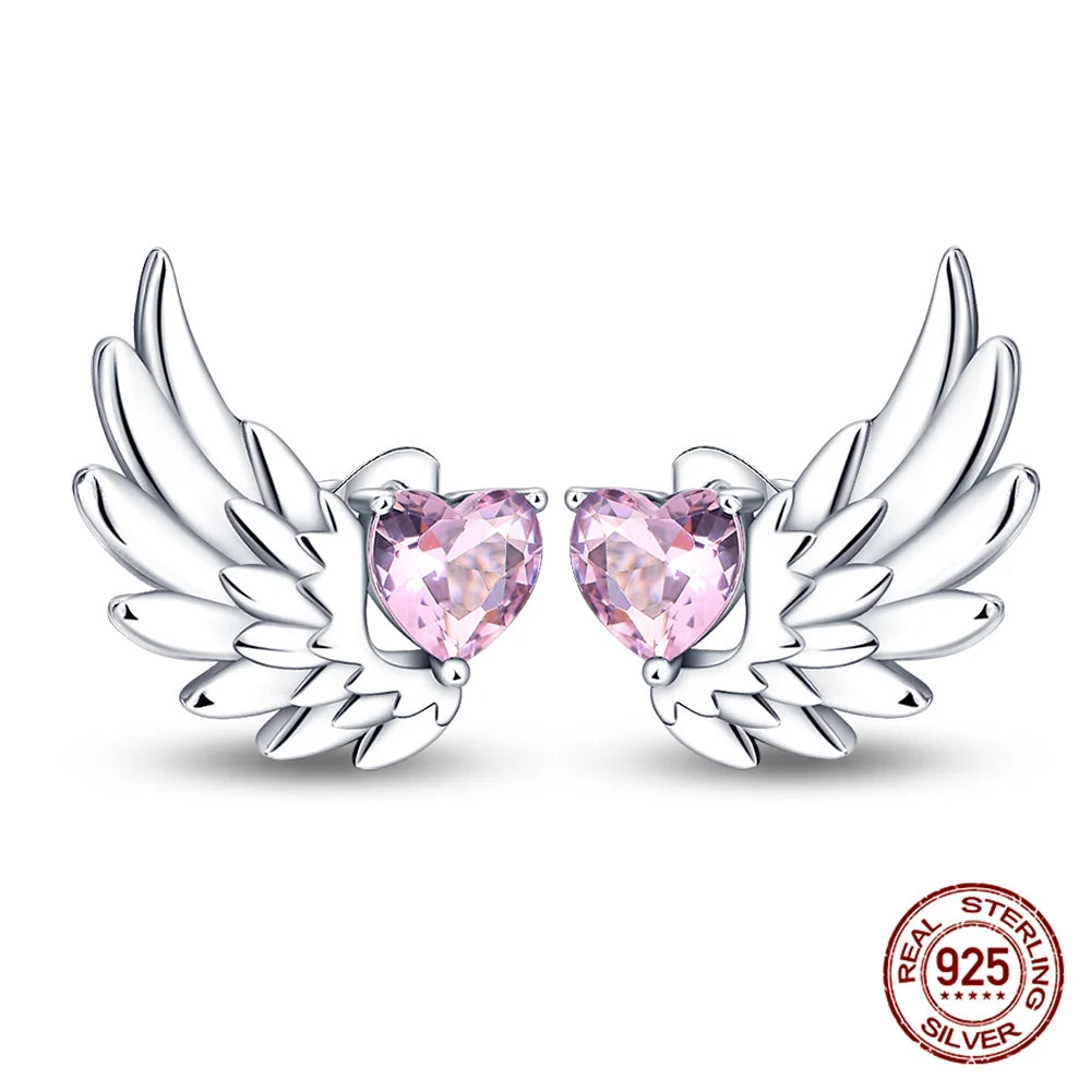 Classic 100% 925 Sterling Silver Wings Heart Inlaid Unicorn Women's Earrings Suitable for Birthday Party Anniversary Gift