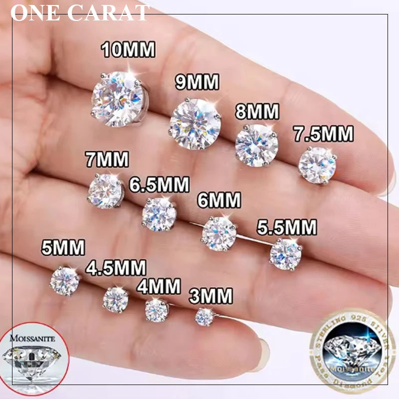 ONE CARAT Moissanite Stud Earrings for Women 925 Sterling Silver Luxury Elegant Jewelry Sparkling Fashion Accessories Perfect