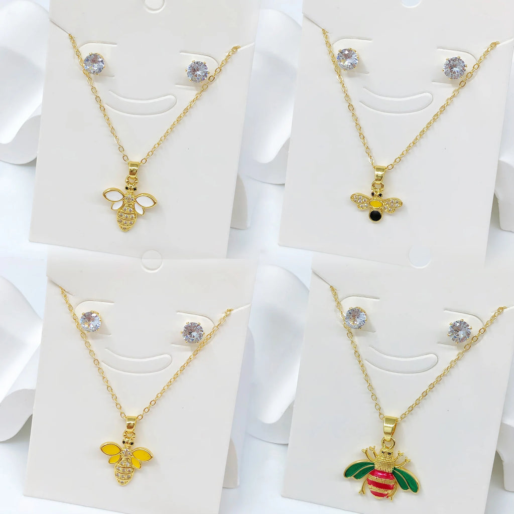 2Pcs Cute Insect Bee Zircon Jewelry Set Necklace Earrings New Fashion Women's Daily Party Jewelry Girls' Exquisite Gift