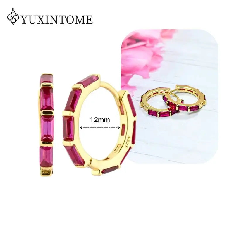Rose Red Zircon Gold Earrings for women 925 Sterling Silver Ear Needle Geometric Pendant Hoop Earrings Fashion Wedding Jewelry