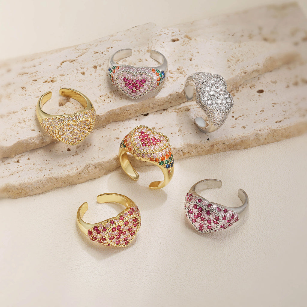 HECHENG,18K Golden-Plated Red Zirconia Heart Shape Sweet Romantic Ring for Women Fashion Adjustable Wedding Jewellery Gift