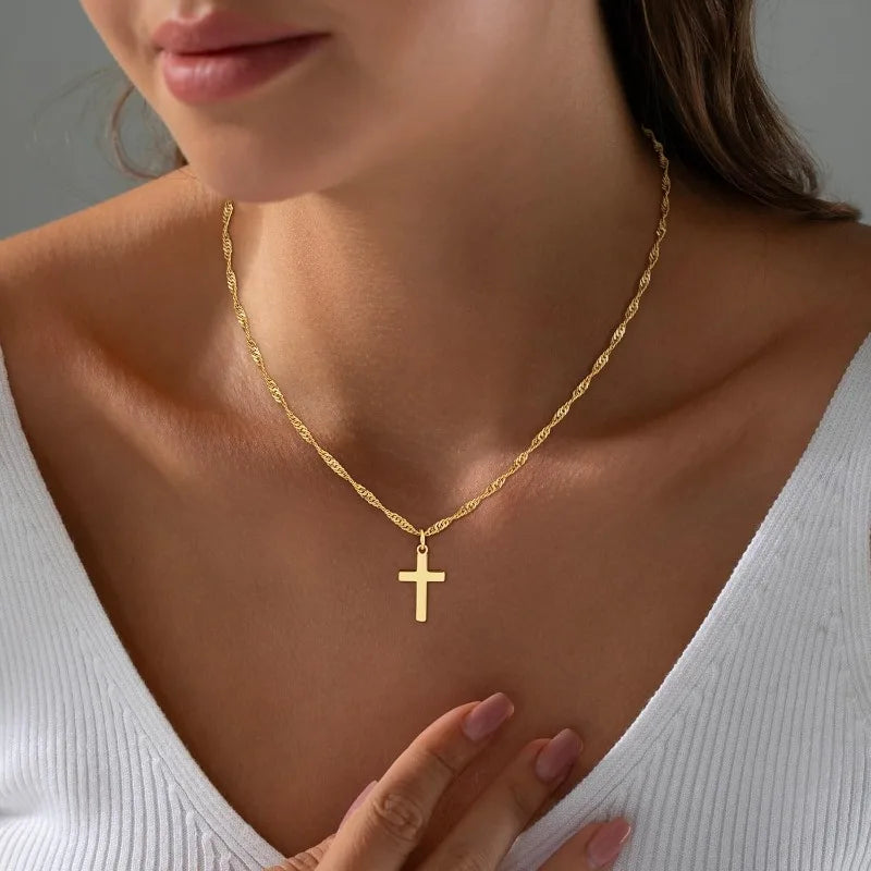 18K Real Gold Plated Stainless Steel Cross Necklace for women girls Non Tarnish Waterproof Easter Christian Faith Jewelry Gifts
