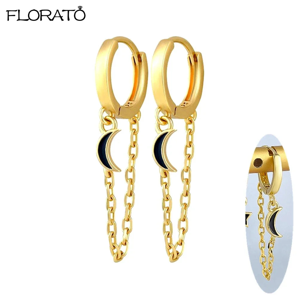 1PC 925 Silver Needle Colorful Crystal Chain Pendant Hoop Earrings For Women Two Hole Enamel Star Earrings Fashion Jewelry Gift