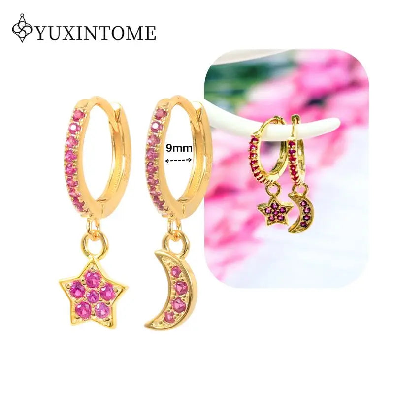 Rose Red Zircon Gold Earrings for women 925 Sterling Silver Ear Needle Geometric Pendant Hoop Earrings Fashion Wedding Jewelry