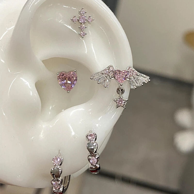 1 Pcs Pink Love Heart Wings Star Pendant Ear Bone Nail 316L Stainless Steel Piercing Earring Y2K Punk Jewelry Women Accessories