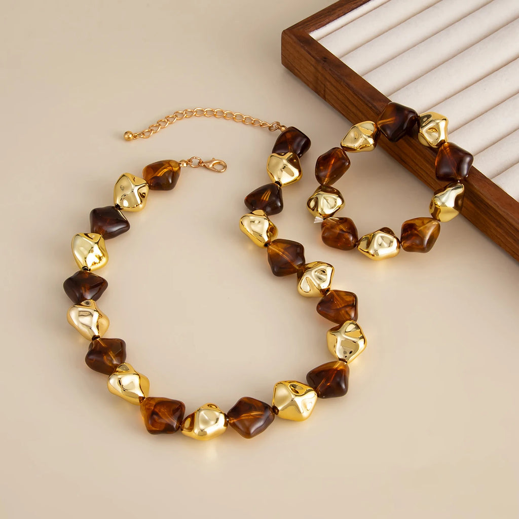 SHIXIN Bohemian Resin Acrylic Necklace Bracelet Jewelry Set for Women Retro Bead Chain Choker Necklace Elastic Bangle Lady Gift