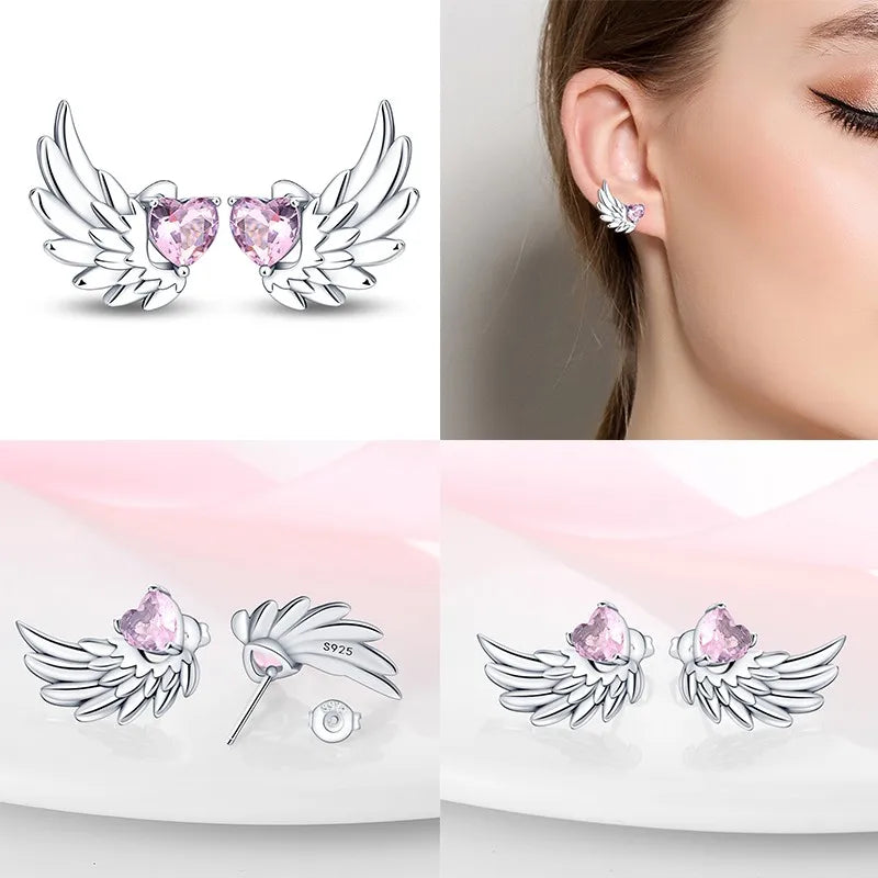 Classic 100% 925 Sterling Silver Wings Heart Inlaid Unicorn Women's Earrings Suitable for Birthday Party Anniversary Gift