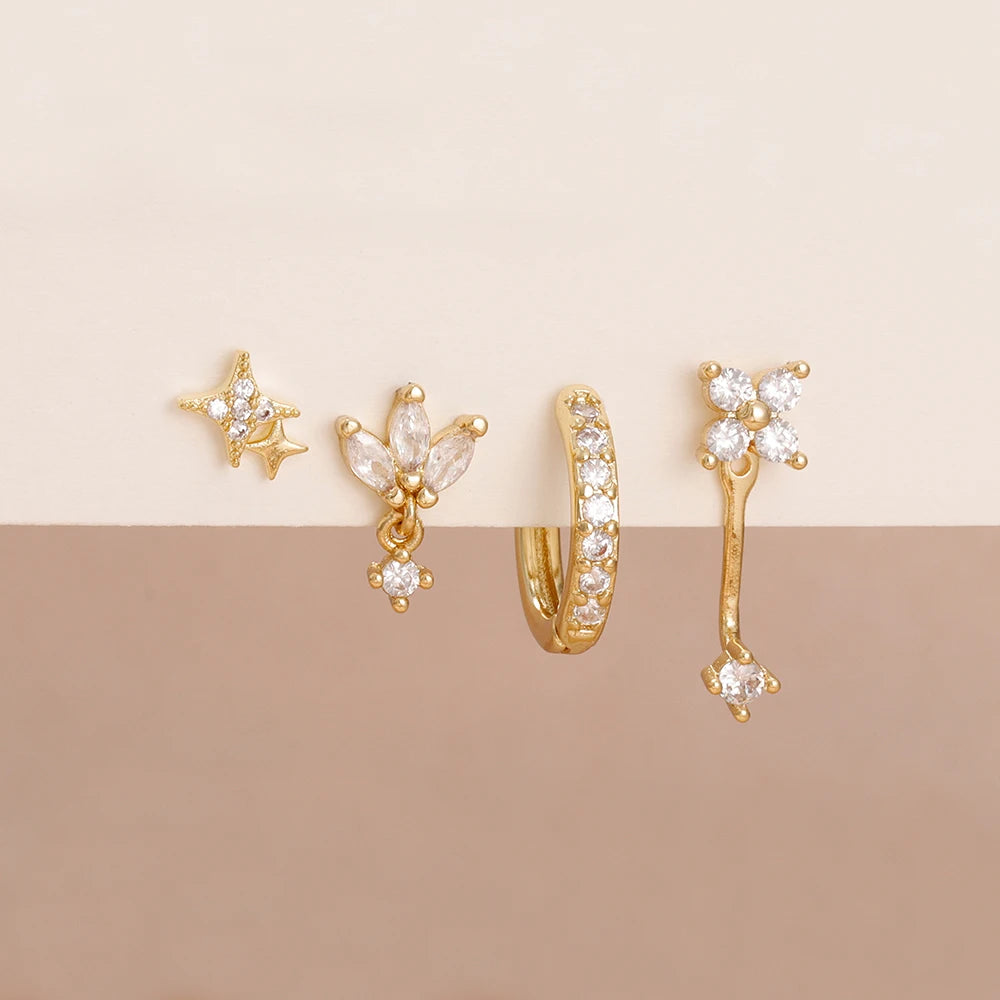 4PCS Zircon Star Moon Flower Small Hoop Earrings Set For Women Stainless Steel Huggies Pendant Piercing Earrings Jewelry Aretes
