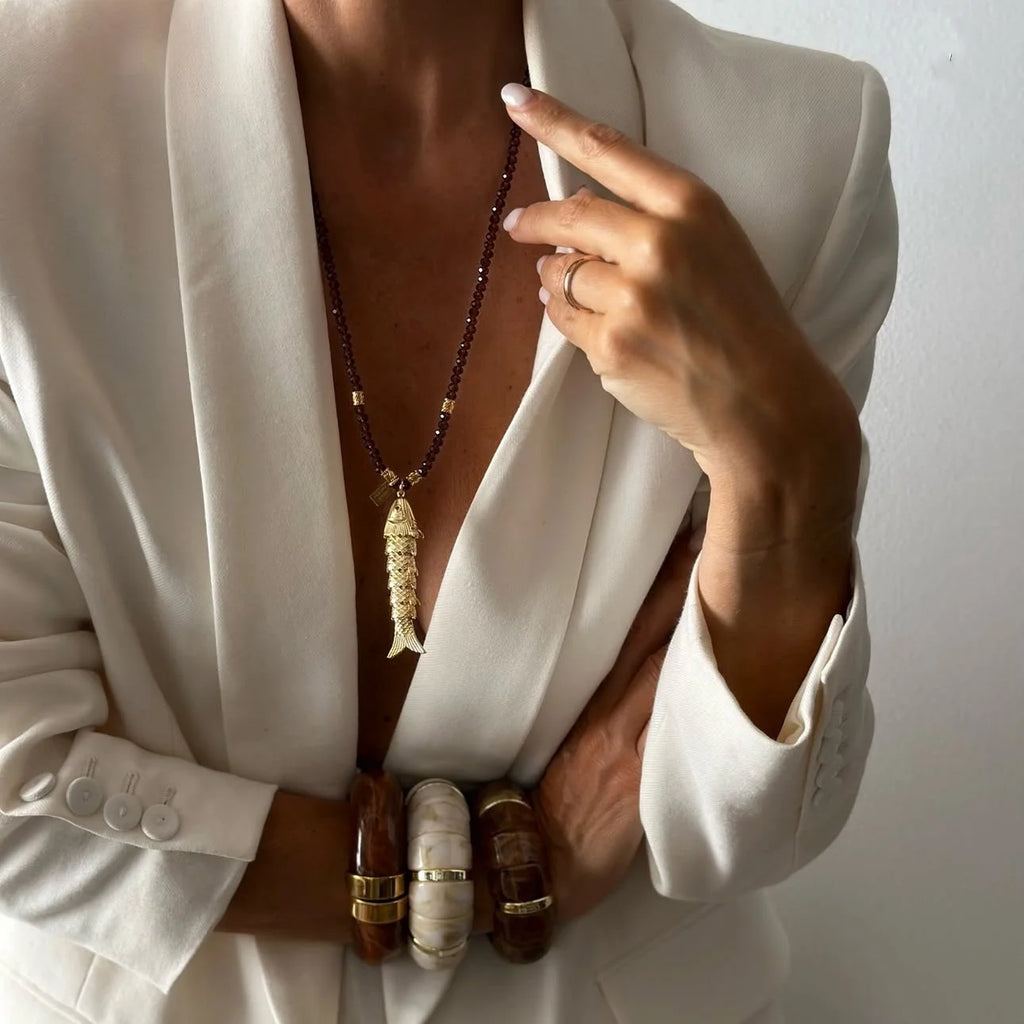 2025 New Necklace Fish Penant Trendy INS Crystal Metal Bead Jewelry Rope Choker Women Accessories Gift Collar pez