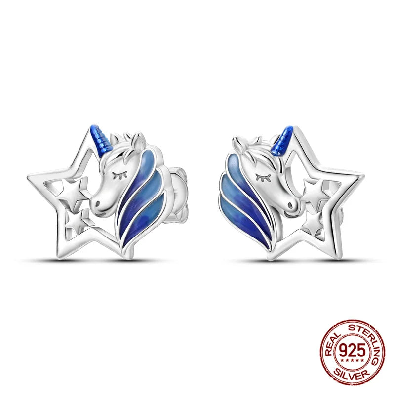 Classic 100% 925 Sterling Silver Wings Heart Inlaid Unicorn Women's Earrings Suitable for Birthday Party Anniversary Gift