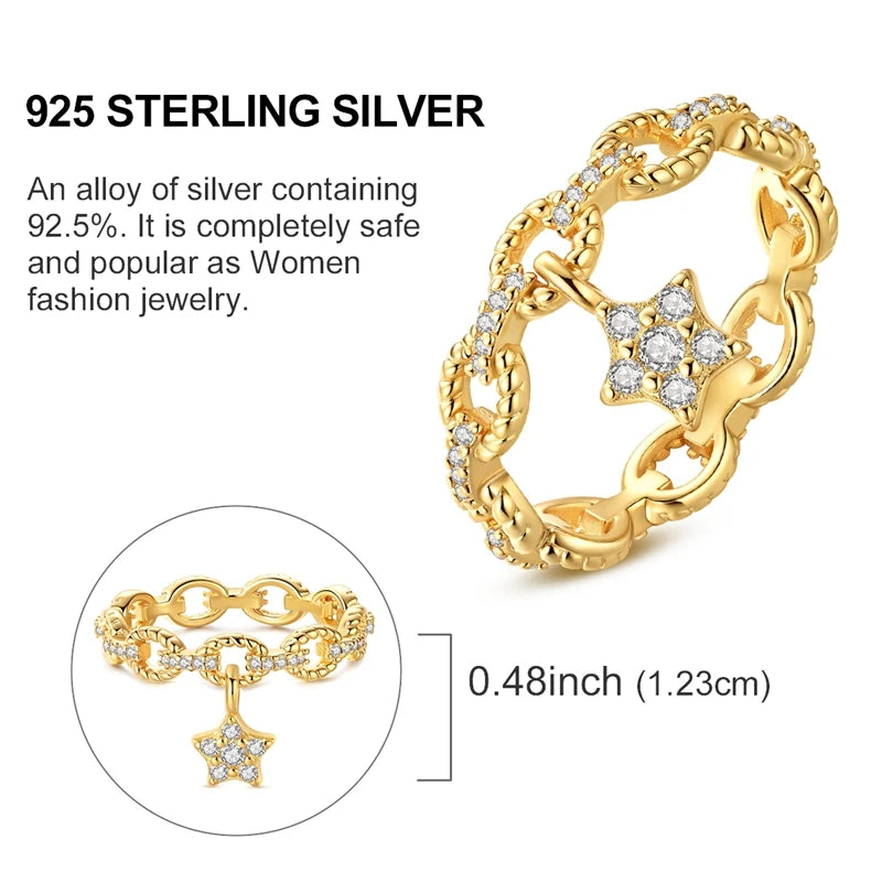 Ring 925 Sterling Silver Sparkling Gold Heart Star Moon Chain Ring For Women Man Girl Wedding Anniversary Part Ring Jewelry Gift