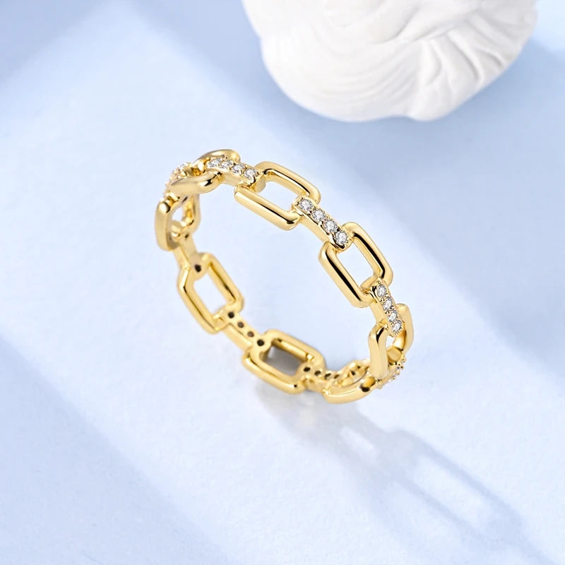 Ring 925 Sterling Silver Sparkling Gold Heart Star Moon Chain Ring For Women Man Girl Wedding Anniversary Part Ring Jewelry Gift