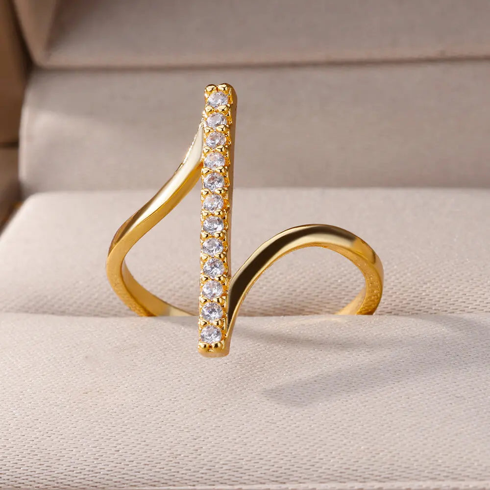 Zircon Geometric Rings For Women Gold Color Stainless Steel Opening Ring Luxury Wedding Party Aesthetic Jewerly Gift Femme 2024