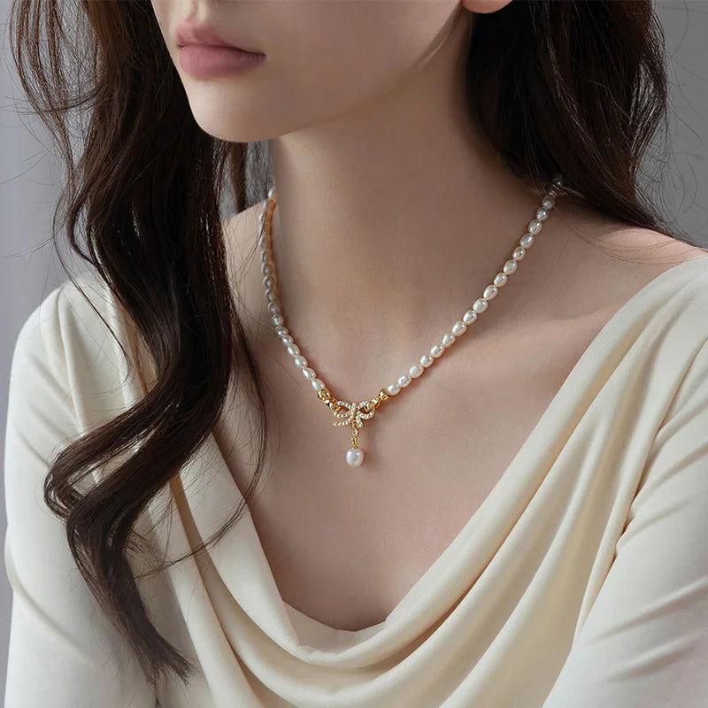100% Natural Freshwater Pearl Elegant Bowknot 14K Gold Filled Female Short Chain Necklace Jewelry For Women Wedding Gifts