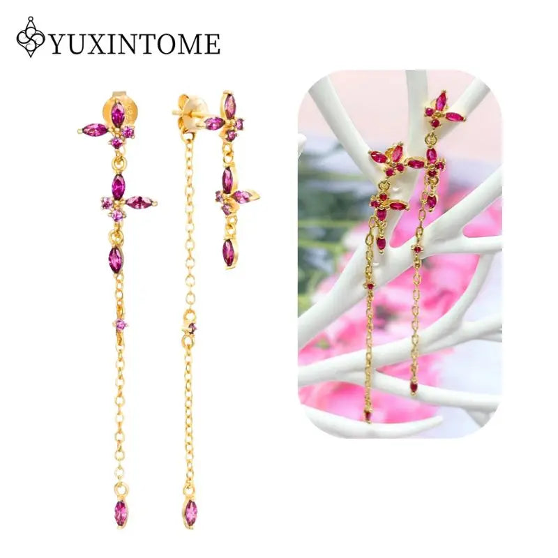 Rose Red Zircon Gold Earrings for women 925 Sterling Silver Ear Needle Geometric Pendant Hoop Earrings Fashion Wedding Jewelry