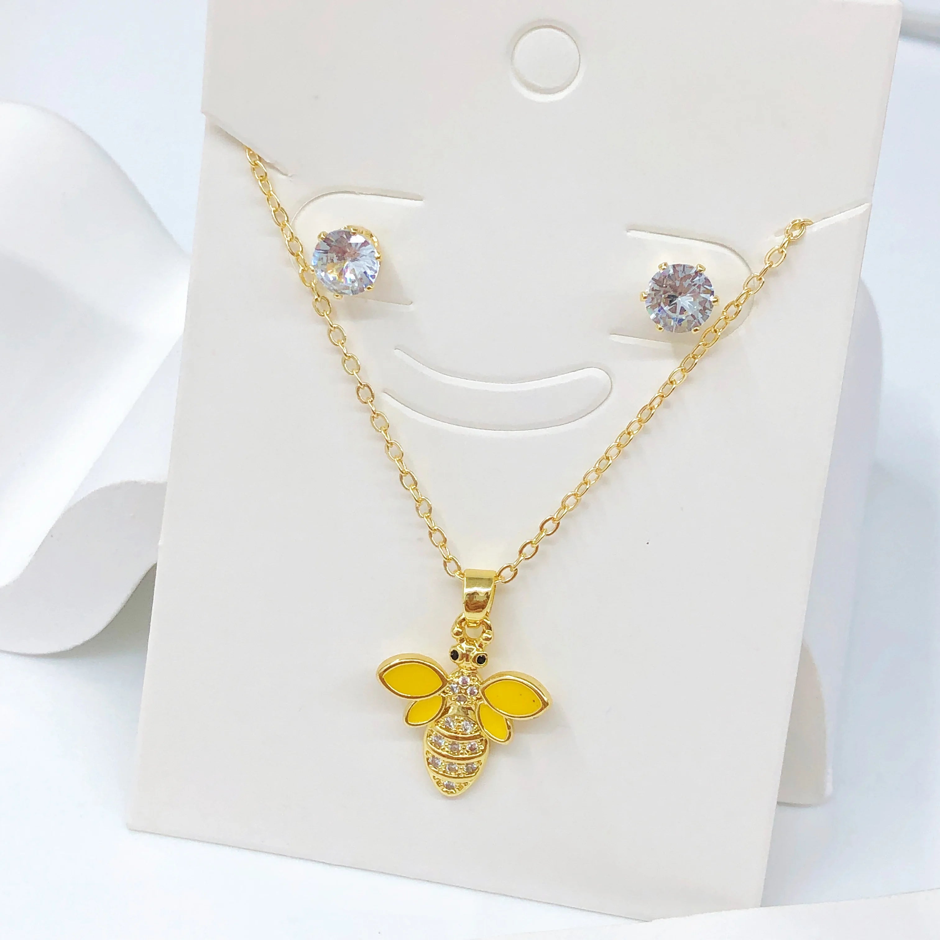 2Pcs Cute Insect Bee Zircon Jewelry Set Necklace Earrings New Fashion Women's Daily Party Jewelry Girls' Exquisite Gift