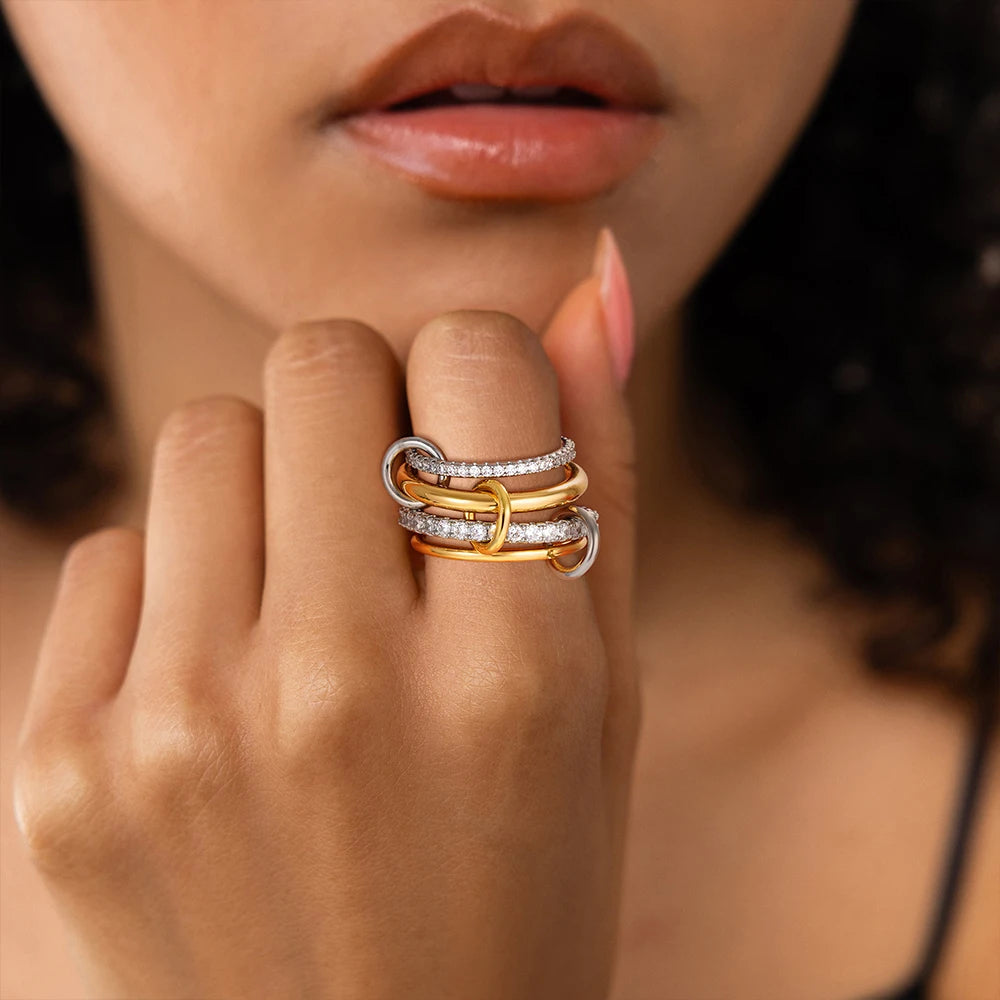 Luxury Cubic Zirconia Gold Plating Multilayer Connecting Rings for Women Fashion Mixed Color Stackable Finger Ring Party Jewelry