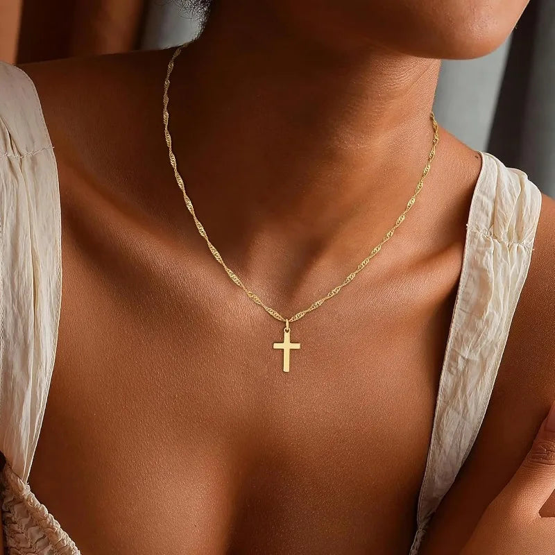 18K Real Gold Plated Stainless Steel Cross Necklace for women girls Non Tarnish Waterproof Easter Christian Faith Jewelry Gifts