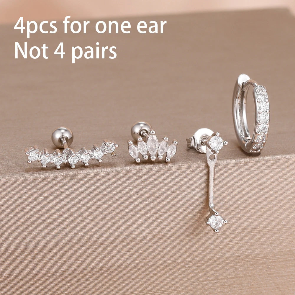 4PCS Zircon Star Moon Flower Small Hoop Earrings Set For Women Stainless Steel Huggies Pendant Piercing Earrings Jewelry Aretes