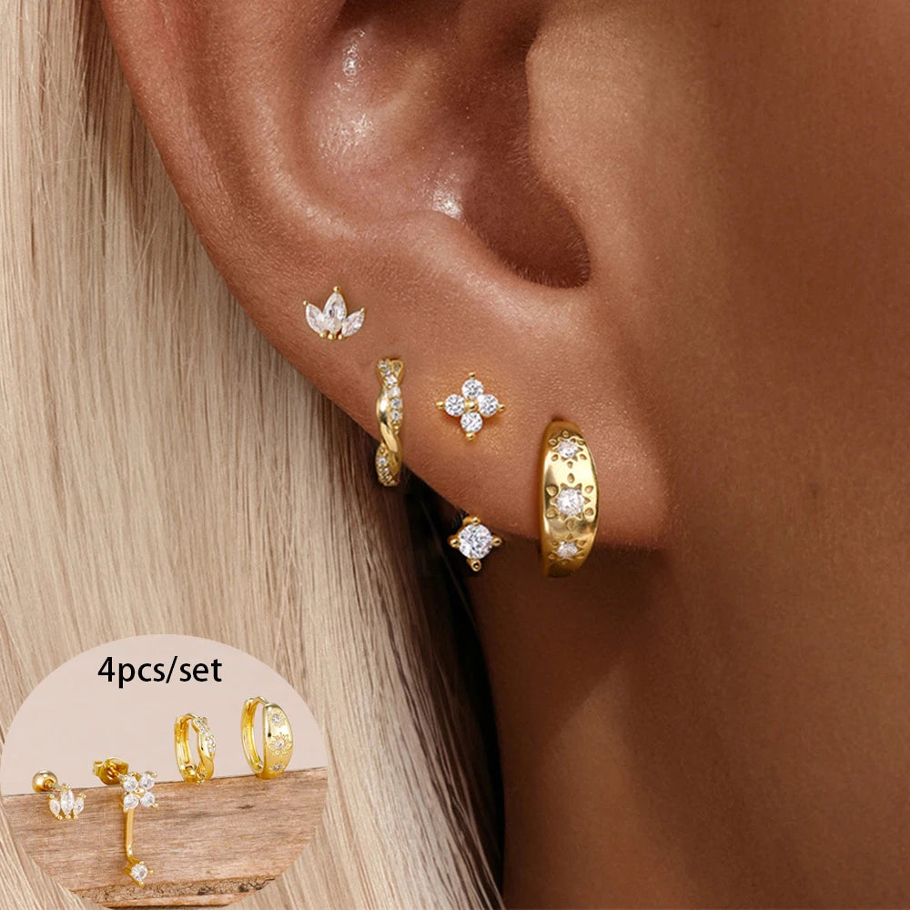 4PCS Zircon Star Moon Flower Small Hoop Earrings Set For Women Stainless Steel Huggies Pendant Piercing Earrings Jewelry Aretes