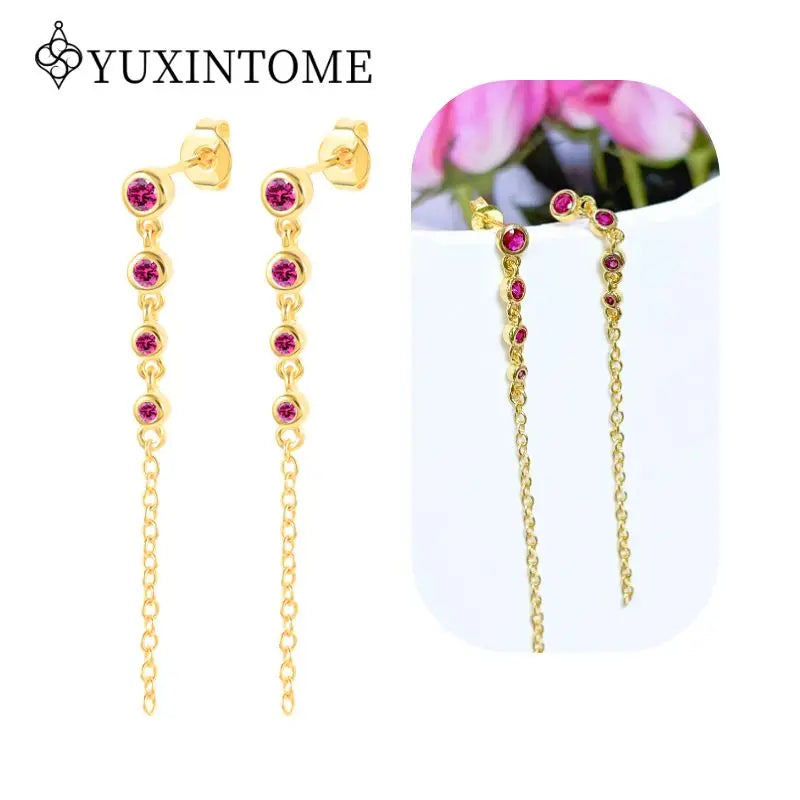 Rose Red Zircon Gold Earrings for women 925 Sterling Silver Ear Needle Geometric Pendant Hoop Earrings Fashion Wedding Jewelry