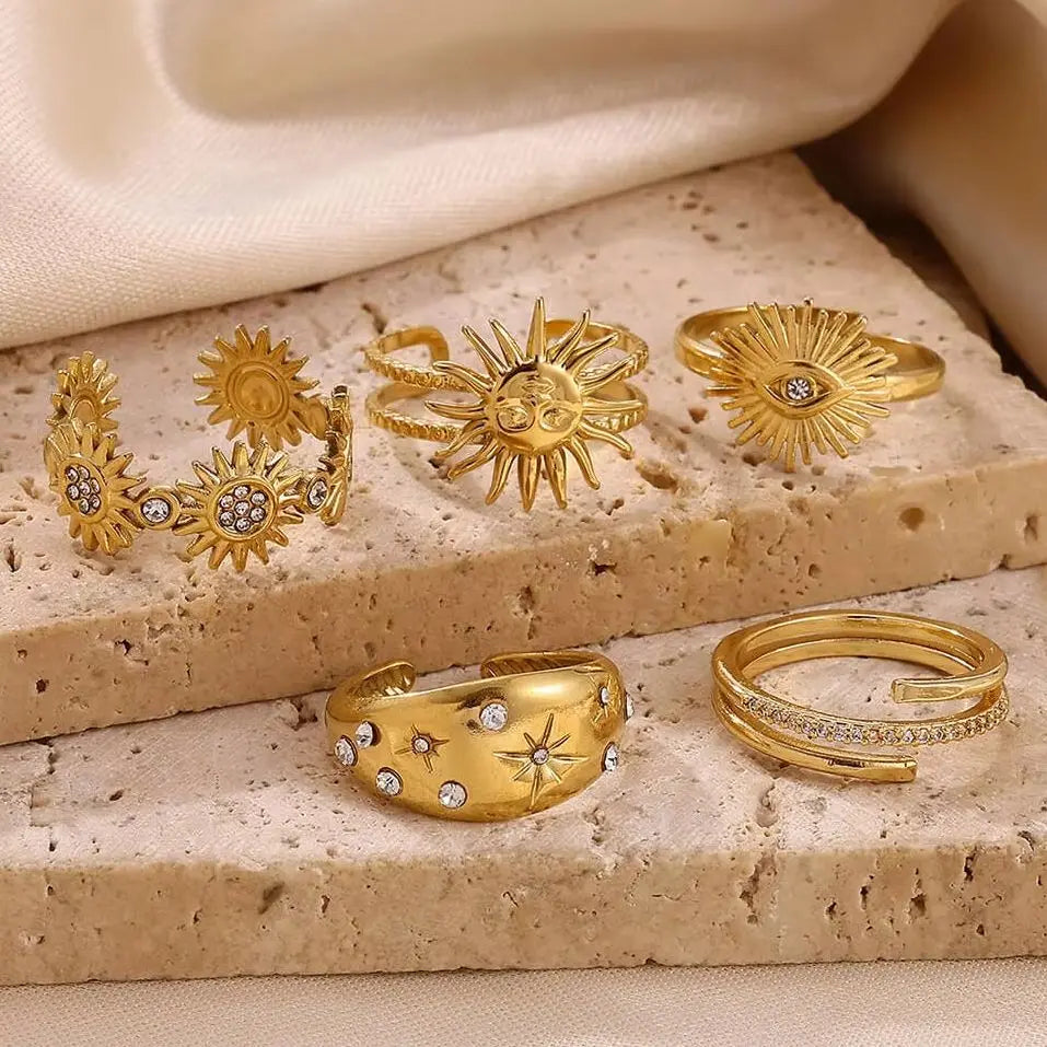 Stainless Steel Tiny Zircon Rings For Women Exquisite Gold Color Sun Double-Layer Ring Punk Hip-Hop Accessory Bague Jewelry Gift