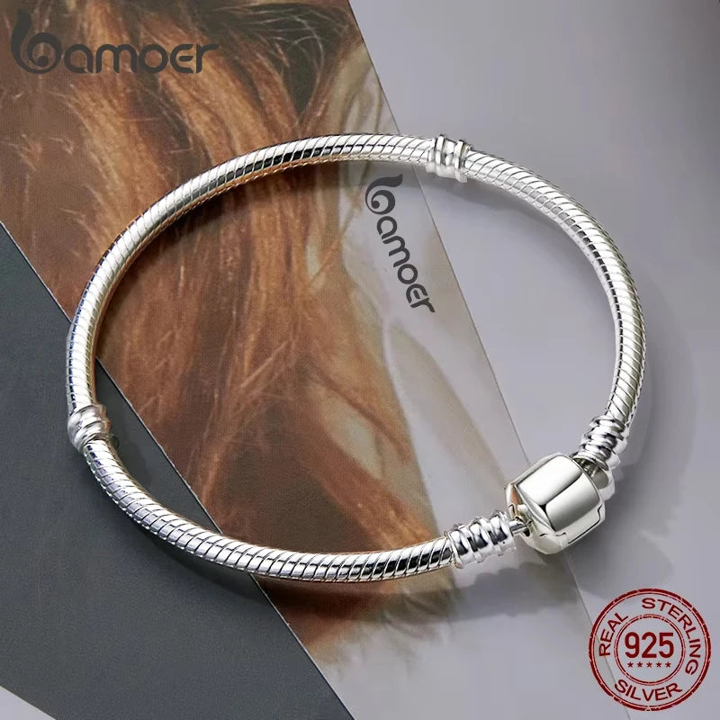BAMOER TOP SALE Authentic 100% 925 Sterling Silver Snake Chain Bangle & Bracelet for Women Luxury Jewelry 17-22CM PAS902