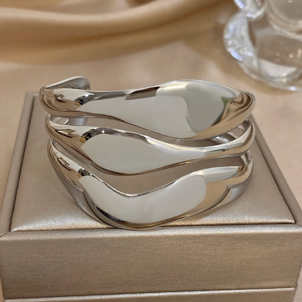 Irregular Gold Plated Stainless Steel Wide Bracelet Exaggerated Smooth Multilayer Geometric Cuff Bangles Waterproof Jewelry