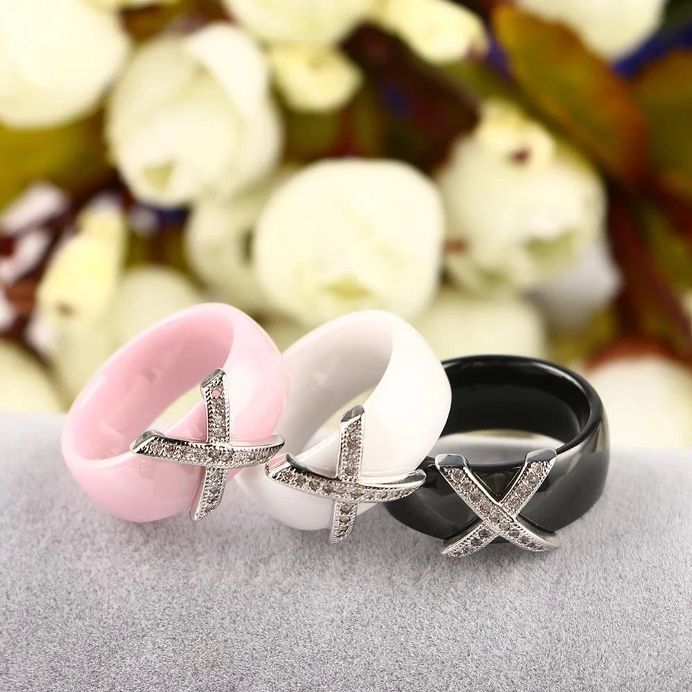 Fashion Jewelry Women Ring With AAA Crystal 8 mm X Cross Ceramic Rings For Women Wedding Party Accessories Gift Design