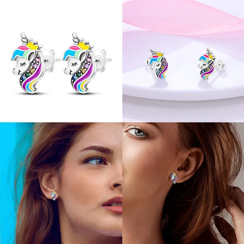 Classic 100% 925 Sterling Silver Wings Heart Inlaid Unicorn Women's Earrings Suitable for Birthday Party Anniversary Gift