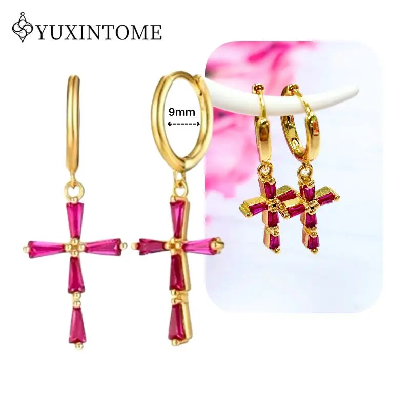 Rose Red Zircon Gold Earrings for women 925 Sterling Silver Ear Needle Geometric Pendant Hoop Earrings Fashion Wedding Jewelry