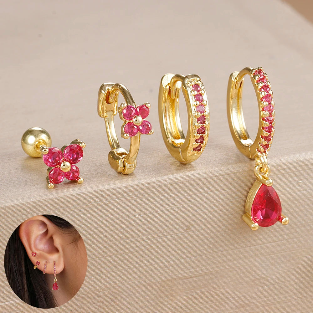 4PCS Zircon Star Moon Flower Small Hoop Earrings Set For Women Stainless Steel Huggies Pendant Piercing Earrings Jewelry Aretes