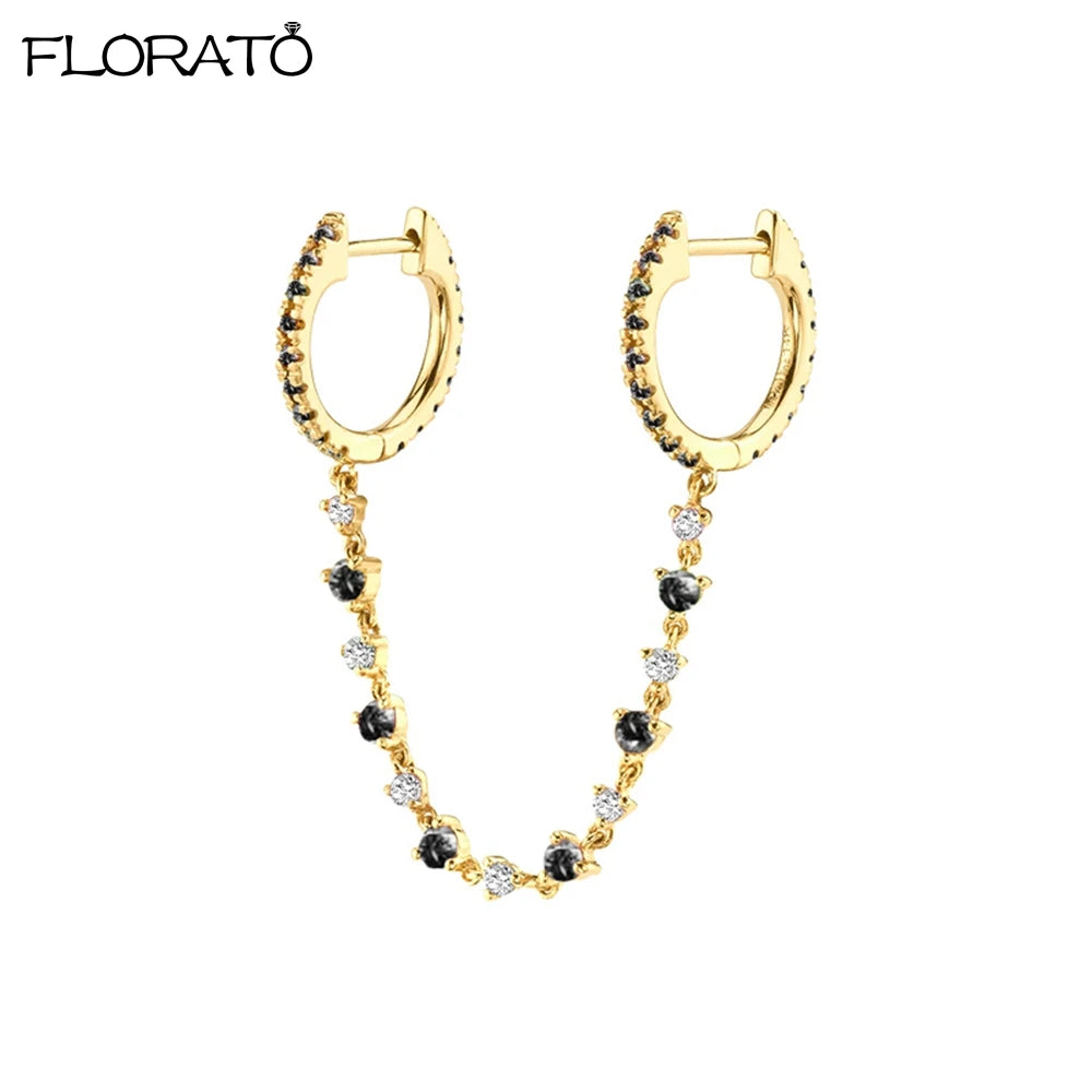 1PC 925 Silver Needle Colorful Crystal Chain Pendant Hoop Earrings For Women Two Hole Enamel Star Earrings Fashion Jewelry Gift