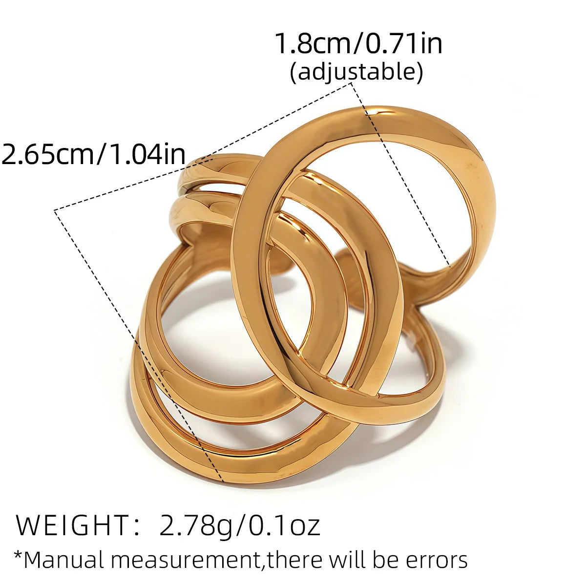 Stainless Steel Geometric Hollow Layered Wide Ring Metal Texture Waterproof Daily Simple Stylish Golden Jewelry for Women