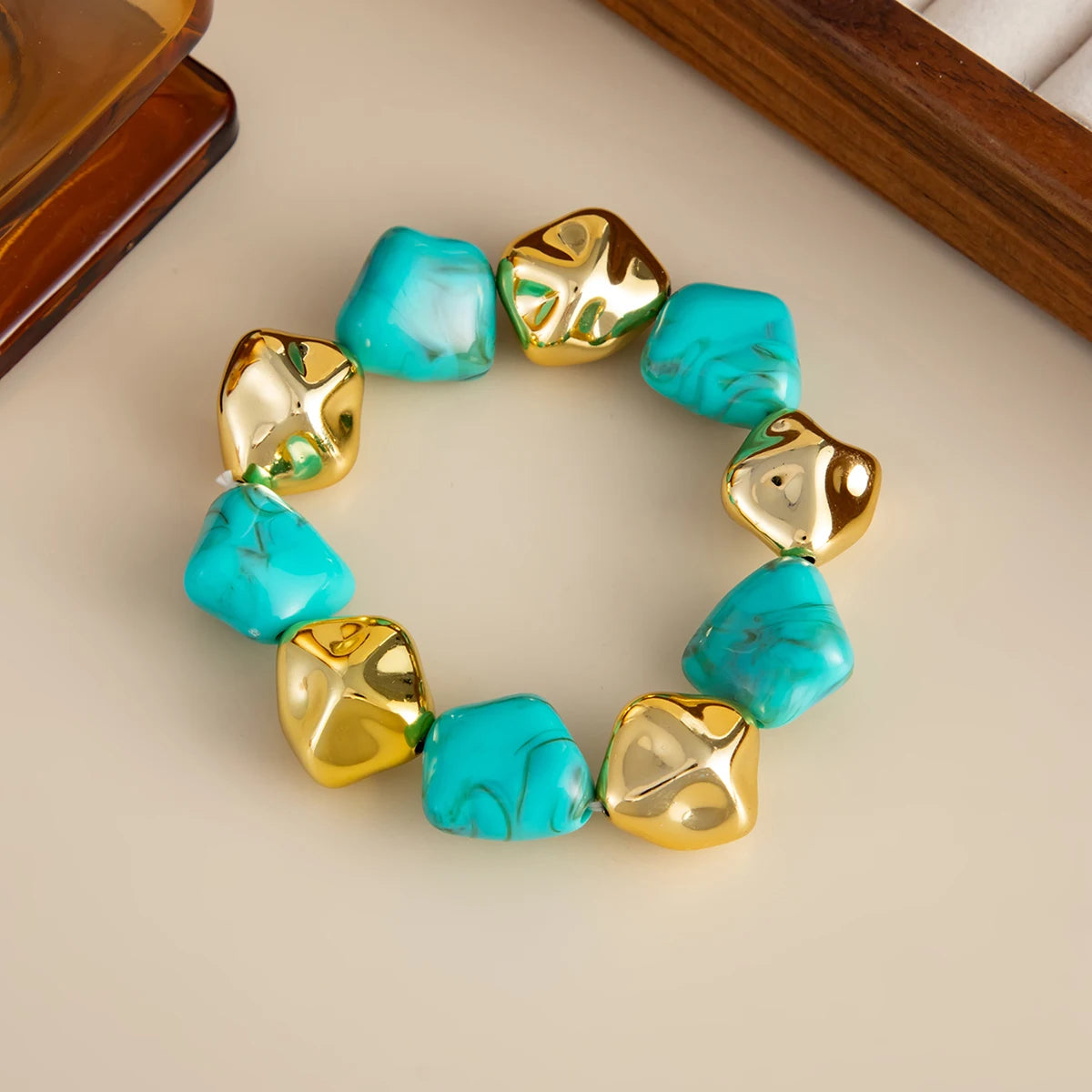 SHIXIN Bohemian Resin Acrylic Necklace Bracelet Jewelry Set for Women Retro Bead Chain Choker Necklace Elastic Bangle Lady Gift