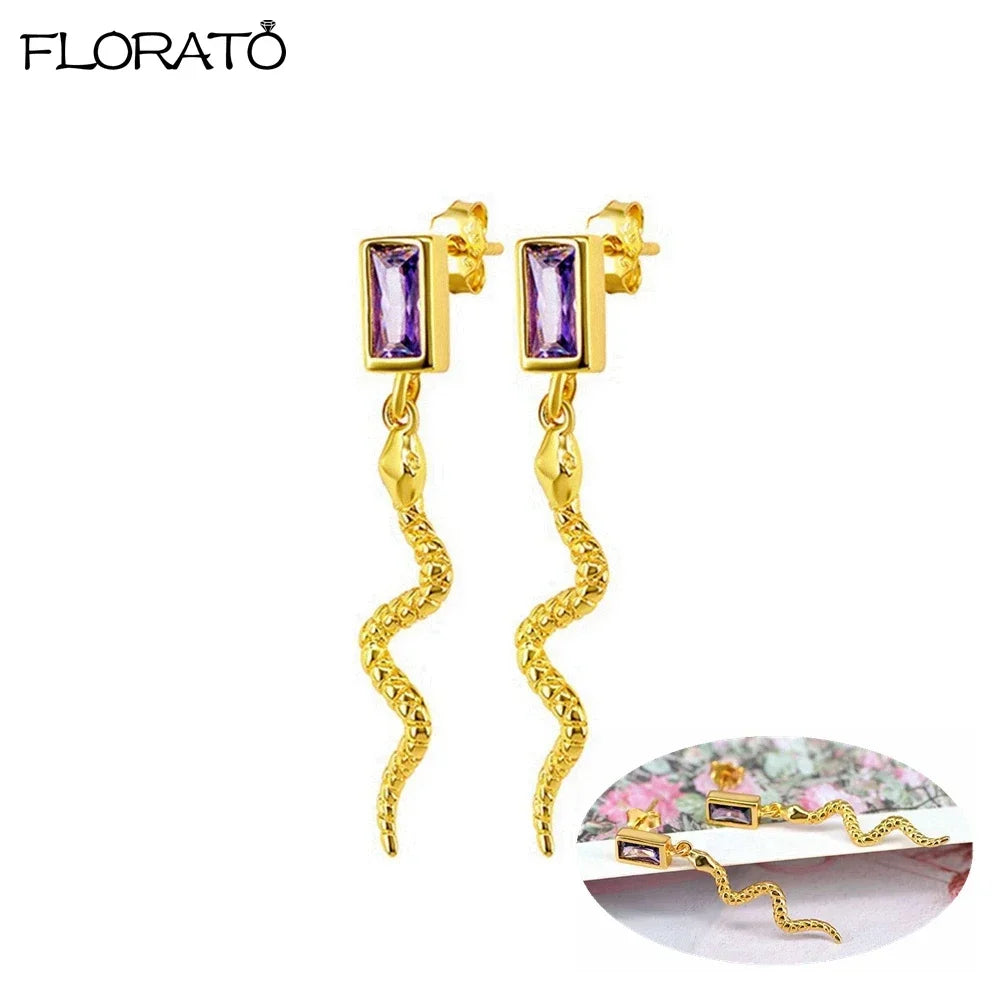 925 Silver Needle Snake Hoop Earrings for Women Trend Gold Earrings Colour Enamels Animals Crystal Pendant Earrings Jewelry Gift